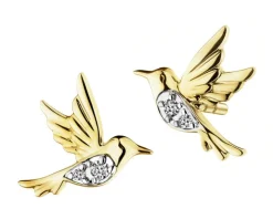 Kolczyki z żółtego złota z diamentami - kolibry - 0,02 ct - próba 375