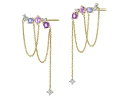 Kolczyki z żółtego złota z diamentami, ametystami i tanzanitami - próba 375