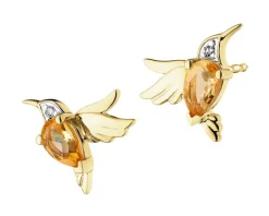 Kolczyki z żółtego złota z diamentami i cytrynami - kolibry - próba 585