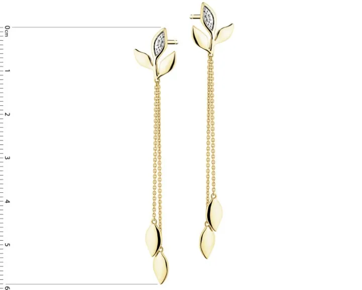 Kolczyki z żółtego złota z diamentami - liście - 0,008 ct - próba 375