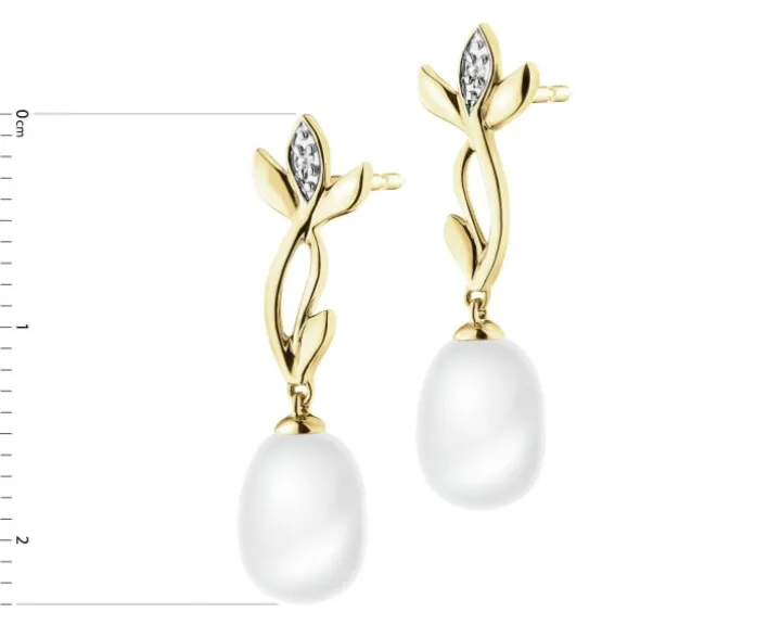 Kolczyki z żółtego złota z diamentami i perłami - próba 585