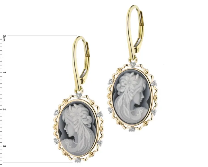 Kolczyki z żółtego złota z diamentami i agatami - kamea - próba 585