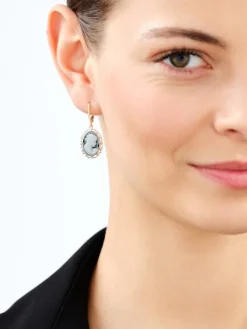 Kolczyki z żółtego złota z diamentami i agatami - kamea - próba 585