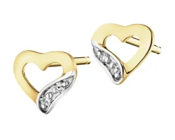 Kolczyki z żółtego złota z diamentami - serca - 0,008 ct - próba 375