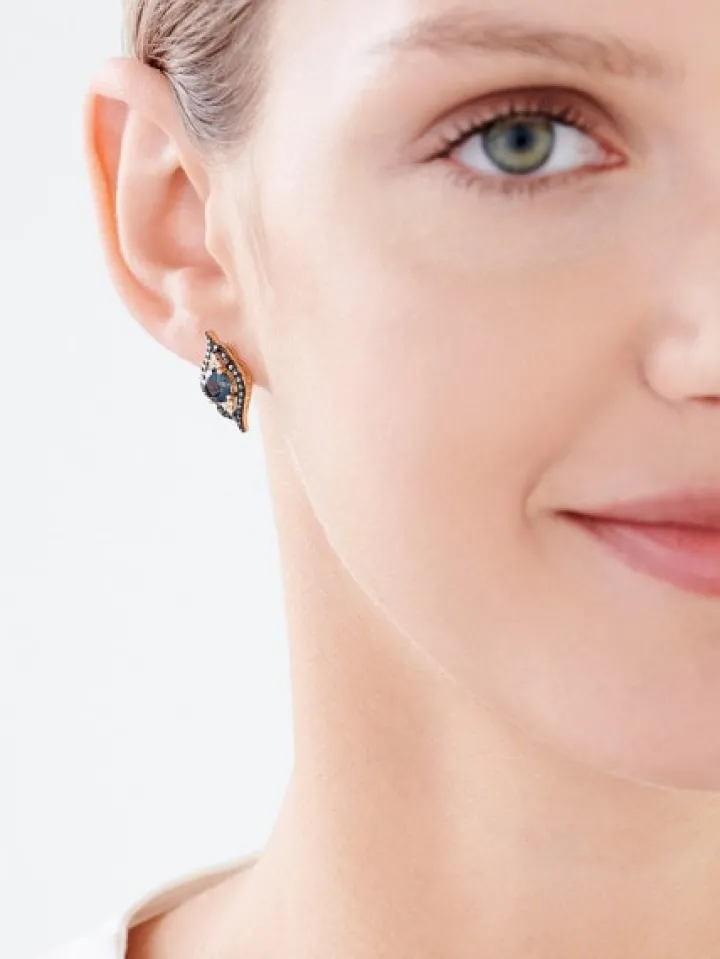 Kolczyki z żółtego złota z diamentami i topazami London Blue - próba 585