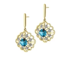 Kolczyki z żółtego złota z diamentami i topazami London Blue - próba 585