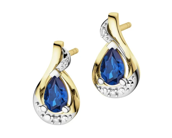 Kolczyki z żółtego złota z diamentami i szafirami - próba 585