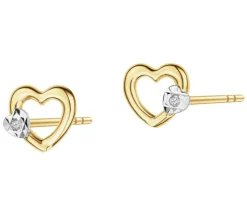Kolczyki z żółtego złota z diamentami - serca - 0,008 ct - próba 585