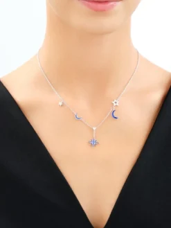 Naszyjnik srebrny z cyrkoniami i emalią - Księżyce, gwiazdy