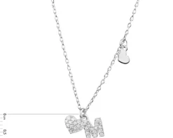 Naszyjnik srebrny z cyrkoniami - litera M, serca