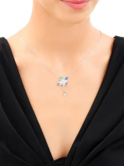 Naszyjnik srebrny z cyrkoniami - kwiat, liście