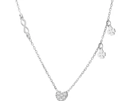 Naszyjnik srebrny z cyrkoniami - serce, koniczyny, nieskończoność