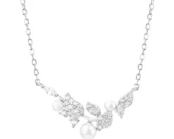 Naszyjnik srebrny z perłami i cyrkoniami - liście