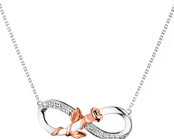Naszyjnik z białego i różowego złota z diamentami - róża, nieskończoność - 0,06 ct - próba 375