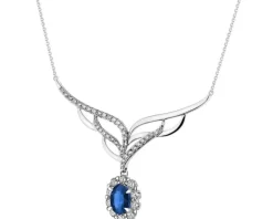 Naszyjnik z białego złota brylantami i szafirem - próba 585