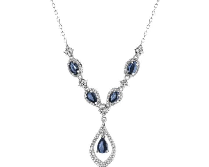 Naszyjnik z białego złota z brylantami i szafirami - próba 585