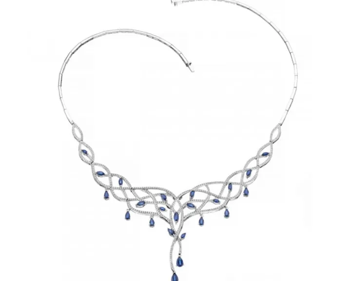 Naszyjnik z białego złota z brylantami i szafirami - próba 585