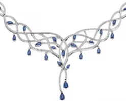 Naszyjnik z białego złota z brylantami i szafirami - próba 585