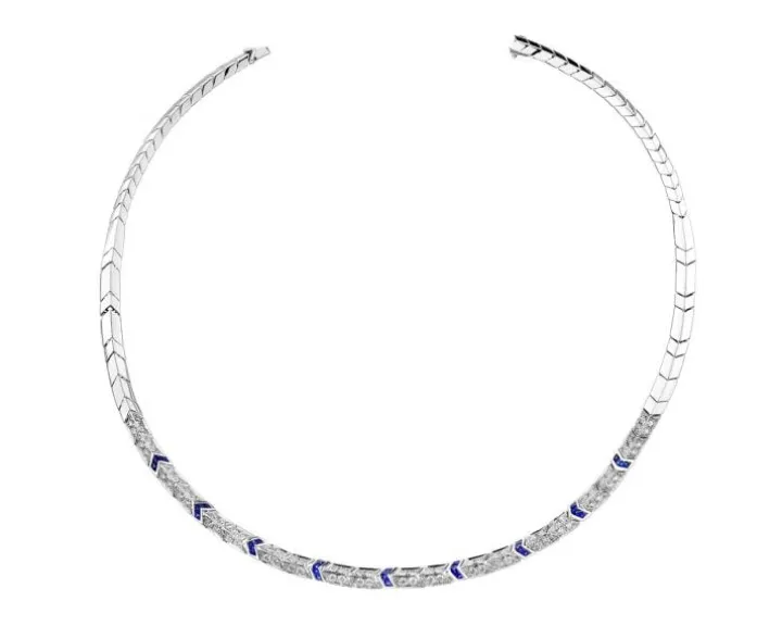 Naszyjnik z białego złota z brylantami i szafirami - próba 585