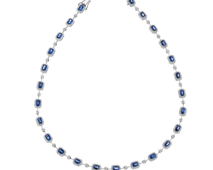 Naszyjnik z białego złota z brylantami i szafirami - próba 750