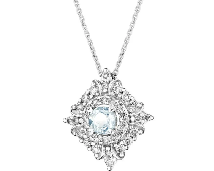 Naszyjnik z białego złota z brylantami i akwamarynem - próba 585