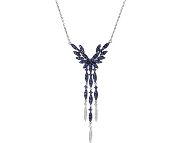 Naszyjnik z białego złota z diamentami i szafirami - próba 585