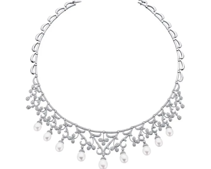Naszyjnik z białego złota z brylantami i perłami - próba 750