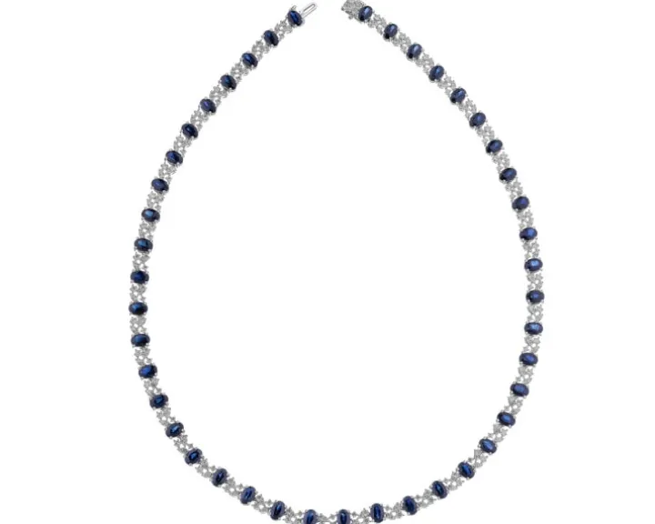Naszyjnik z białego złota z brylantami i szafirami - 45 cm - próba 585