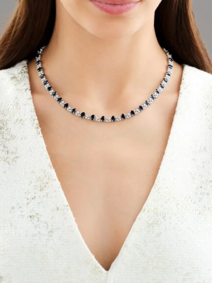 Naszyjnik z białego złota z brylantami i szafirami - 45 cm - próba 585