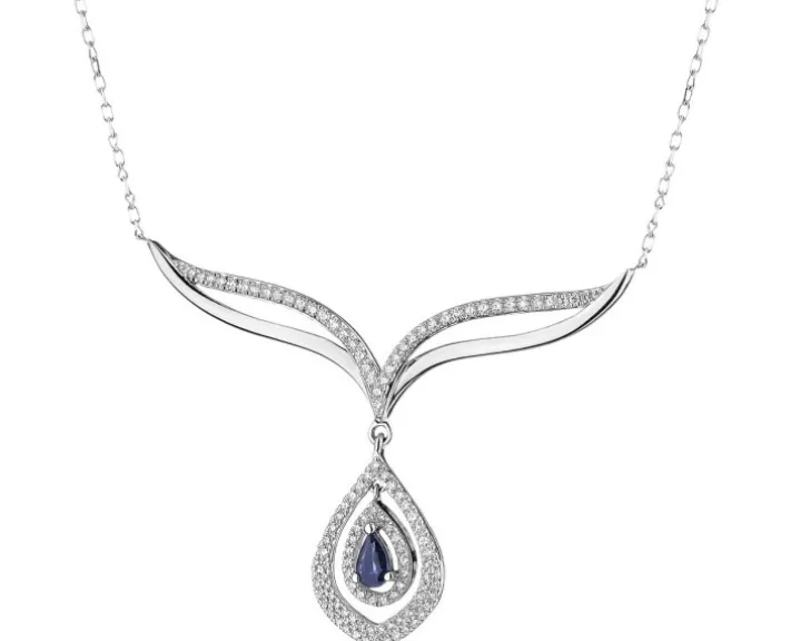 Naszyjnik z białego złota z diamentami i szafirem - próba 585