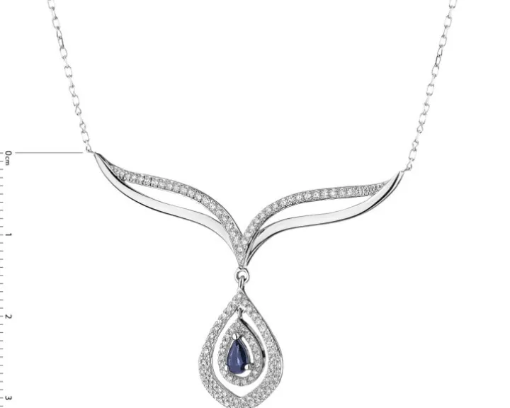 Naszyjnik z białego złota z diamentami i szafirem - próba 585