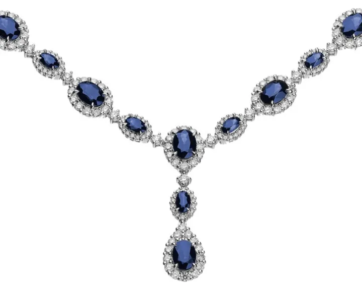 Naszyjnik z białego złota z brylantami i szafirami - próba 750