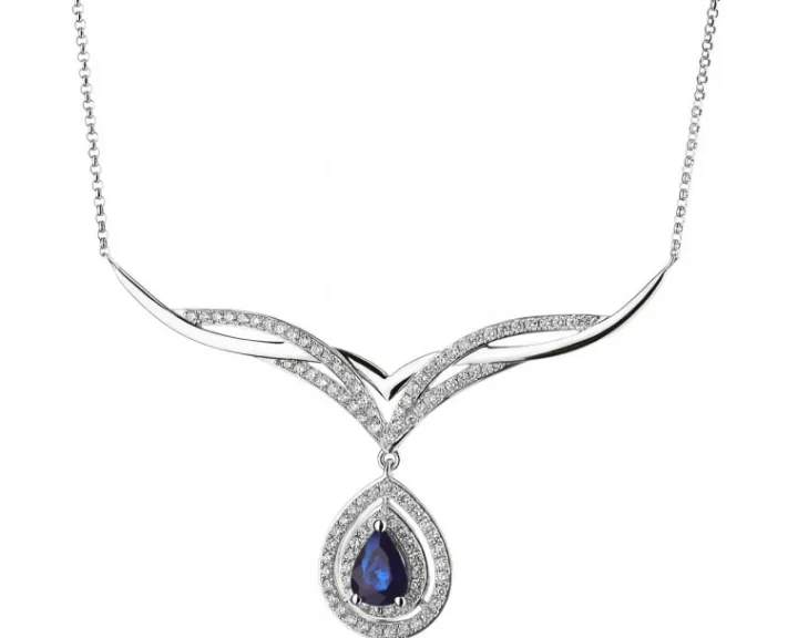 Naszyjnik z białego złota z brylantami i szafirem - próba 585