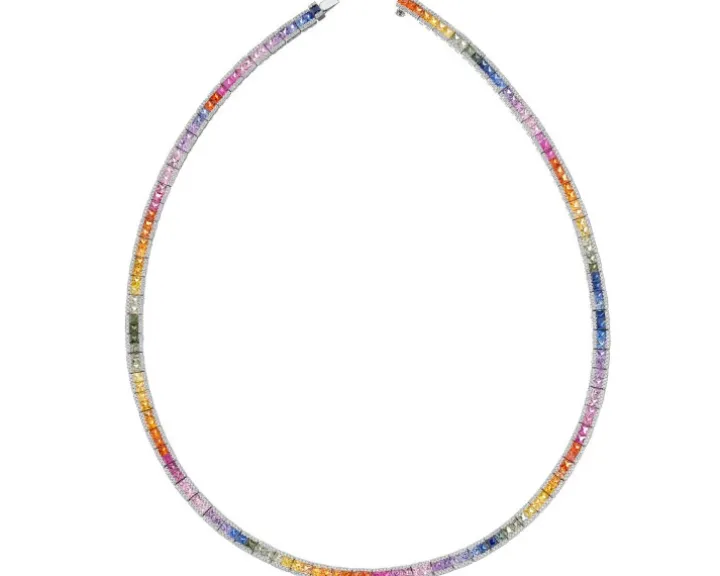 Naszyjnik z białego złota z brylantami i kolorowymi szafirami - 42 cm - próba 585