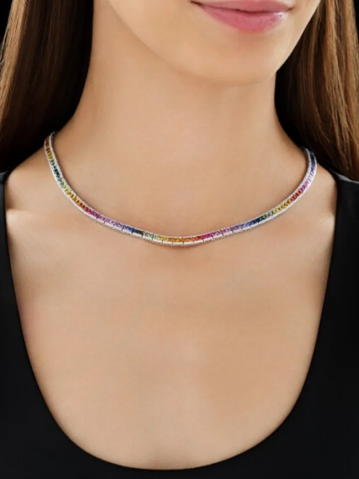 Naszyjnik z białego złota z brylantami i kolorowymi szafirami - 42 cm - próba 585