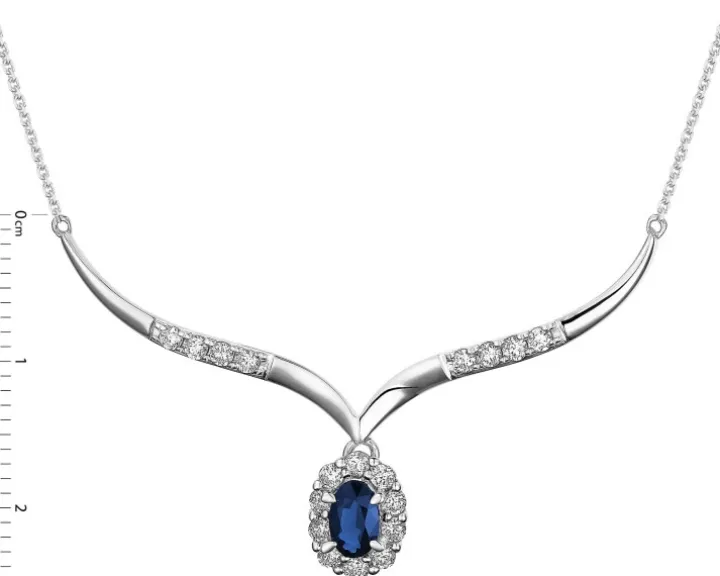 Naszyjnik z białego złota z brylantami i szafirem - próba 585