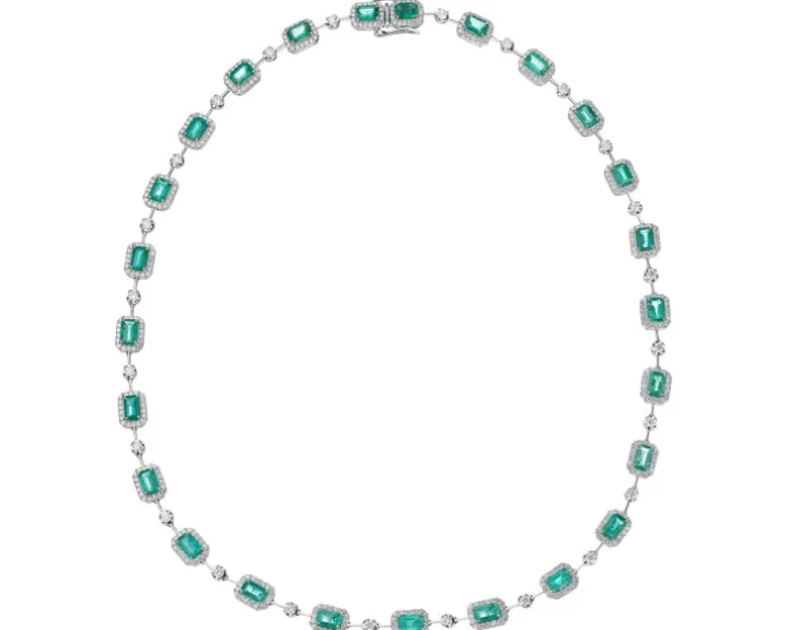 Naszyjnik z białego złota z brylantami i szmaragdami - próba 750