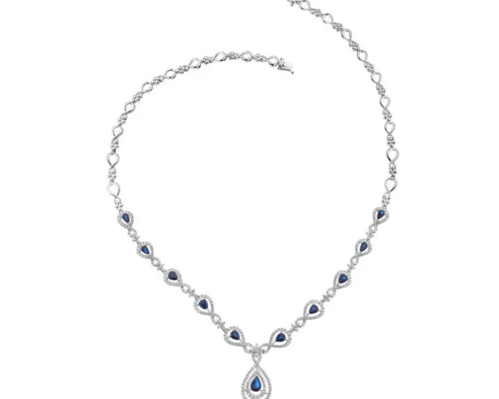 Naszyjnik z białego złota z brylantami i szafirami - próba 585