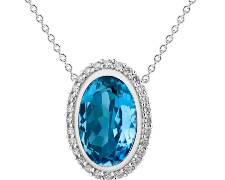 Naszyjnik z białego złota z brylantami i topazem London Blue - próba 585