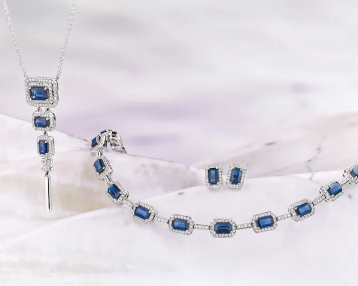 Naszyjnik z białego złota z diamentami i szafirami - próba 585