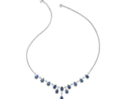 Naszyjnik z białego złota z brylantami i szafirami - próba 585