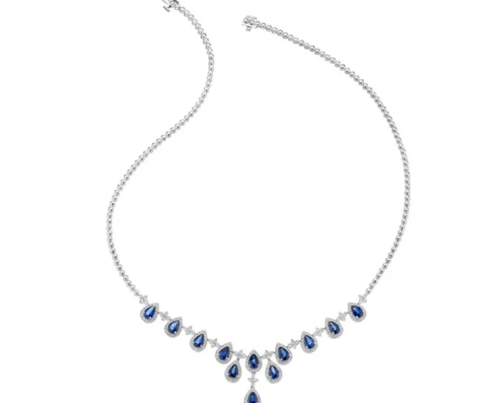 Naszyjnik z białego złota z brylantami i szafirami - próba 585