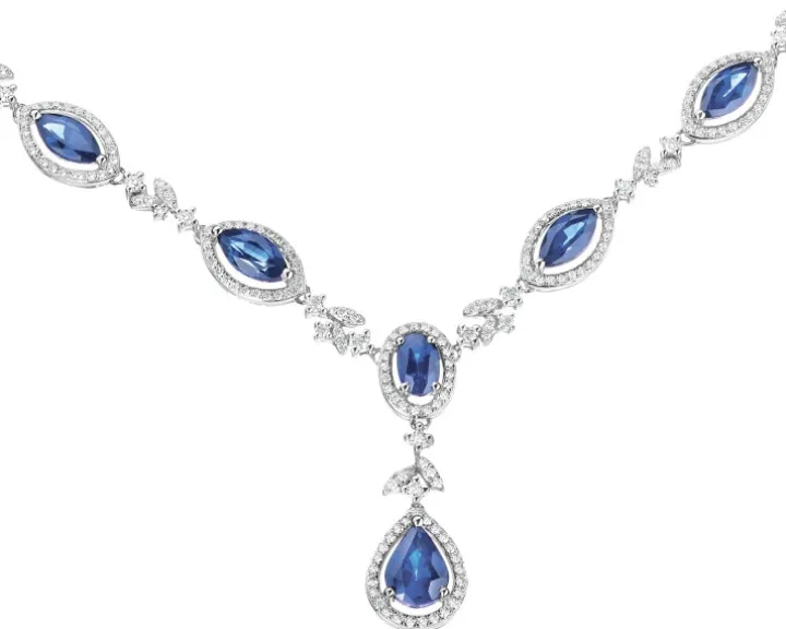 Naszyjnik z białego złota z brylantami i szafirami - próba 585