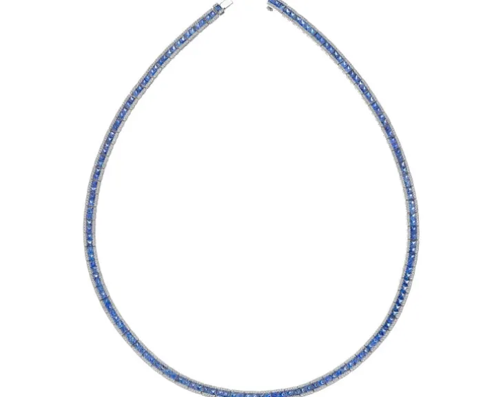 Naszyjnik z białego złota z brylantami i szafirami - 42 cm - próba 585