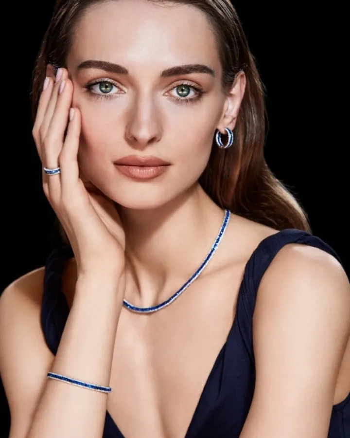 Naszyjnik z białego złota z brylantami i szafirami - 42 cm - próba 585