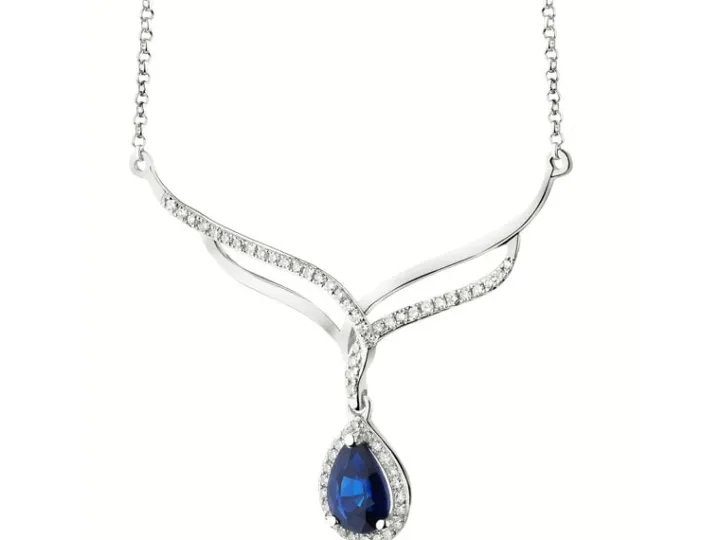 Naszyjnik z białego złota z diamentami i szafirem - próba 585