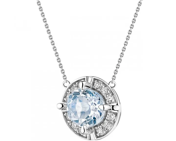 Naszyjnik z białego złota z diamentami i akwamarynem - próba 585