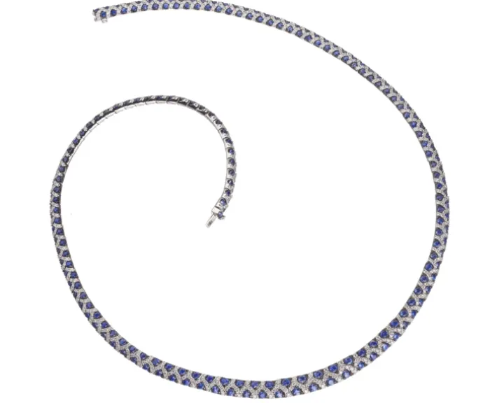 Naszyjnik z białego złota z brylantami i szafirami - próba 585