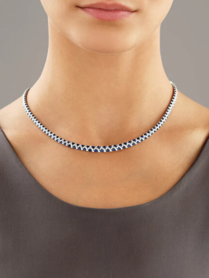 Naszyjnik z białego złota z brylantami i szafirami - próba 585