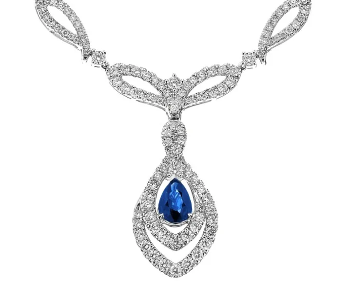 Naszyjnik z białego złota z brylantami i szafirem - 43 cm - próba 750